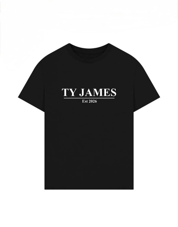 Black t-shirt with 'TY JAMES' text on a white background